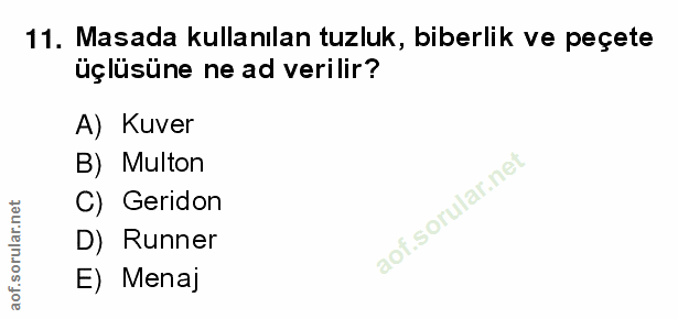 11. soru: Masada kullanılan tuzluk, biberlik ve peçete üçlüsüne ne ad verilir? A) Kuver B) Multon C) Geridon D) Runner E) Menaj