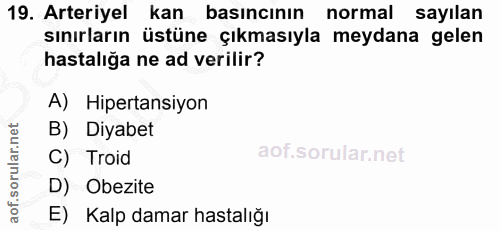 19. soru: Arteriyel kan basıncının normal sayılan sınırların üstüne çıkmasıyla meydana gelen hastalığa ne ad verilir? A) Hipert…