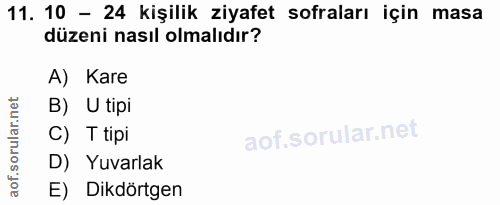 11. soru: 10 - 24 kişilik ziyafet sofraları için masa düzeni nasıl olmalıdır? A) Kare B) U tipi C) T tipi D) Yuvarlak E) Dikdör…