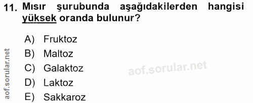 11. soru: Mısır şurubunda aşağıdakilerden hangisi yüksek oranda bulunur? A) Fruktoz B) Maltoz C) Galaktoz D) Laktoz E) Sakkaroz