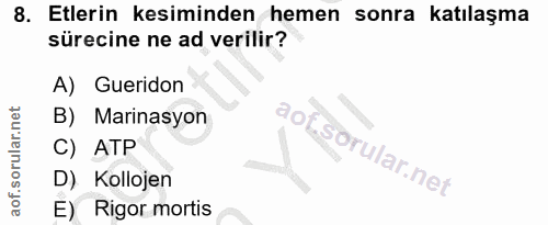 8. soru: Etlerin kesiminden hemen sonra katılaşma sürecine ne ad verilir? A) Gueridon B) Marinasyon C) ATP D) Kollojen E) Rigo…