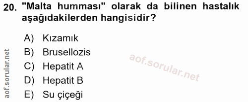 20. soru: "Malta humması" olarak da bilinen hastalık aşağıdakilerden hangisidir? A) Kızamık B) Brusellozis corillar nel C) Hepa…