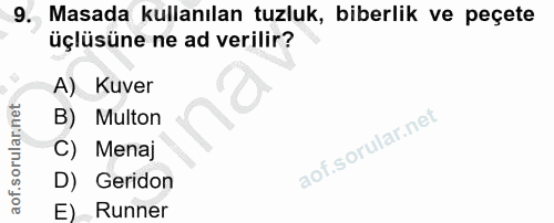9. soru: Masada kullanılan tuzluk, biberlik ve peçete üçlüsüne ne ad verilir? A) Kuver B) Multon C) Menaj D) Geridon E) Runner