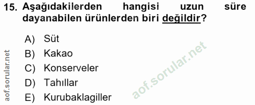 15. soru: Aşağıdakilerden hangisi uzun süre dayanabilen ürünlerden biri değildir? A) Süt B) Kakao C) Konserveler D) Tahillar E)…