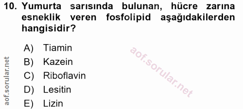 10. soru: Yumurta sarısında bulunan, hücre zarına esneklik veren fosfolipid aşağıdakilerden hangisidir? A) Tamin B) Kazein C) R…