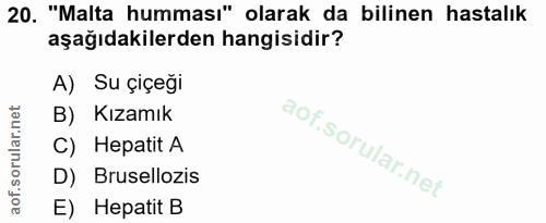 20. soru: "Malta humması" olarak da bilinen hastalık aşağıdakilerden hangisidir? A) Su çiçeği B) Kızamık C) Hepatit A D) Brusel…