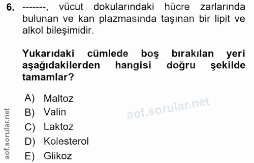6. soru: vücut dokularındaki hücre zarlarında bulunan ve kan plazmasında taşınan bir lipit ve alkol bileşimidir. Yukarıdaki cü…