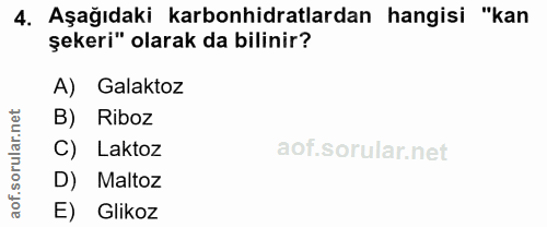4. soru: Aşağıdaki karbonhidratlardan hangisi "kan şekeri" olarak da bilinir? Galaktoz B) Riboz C) Laktoz D) Maltoz aof. E) Gl…