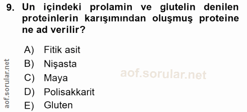 9. soru: Un içindeki prolamin ve glutelin denilen proteinlerin karışımından oluşmuş proteine ne ad verilir? A) Fitik asit B) N…