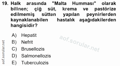 19. soru: Halk arasında "Malta Humması" olarak bilinen; çiğ süt, krema ve pastörize edilmemiş sütten yapılan peynirlerden kayna…