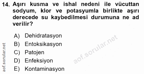 14. soru: Aşırı kusma ve ishal nedeni ile vücuttan sodyum, klor ve potasyumla birlikte aşırı derecede su kaybedilmesi durumuna…