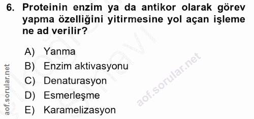 6. soru: Proteinin enzim ya da antikor olarak görev yapma özelliğini yitirmesine yol açan işleme ne ad verilir? A) Yanma B) En…
