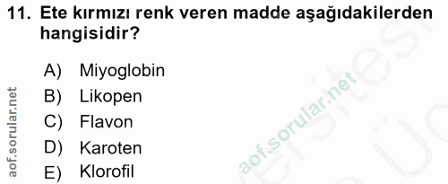 11. soru: Ete kırmızı renk veren madde aşağıdakilerden hangisidir? A) Miyoglobin B) Likopen Flavon D) Karoten E) Klorofil