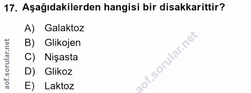 17. soru: Aşağıdakilerden hangisi bir disakkarittir? A) Galaktoz B) Glikojen C) Nişasta D) Glikoz E) Laktoz