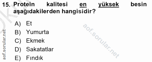 15. soru: Protein kalitesi en yüksek besin aşağıdakilerden hangisidir? A) Et B) Yumurta C) Ekmek D) Sakatatlar E) Fındık