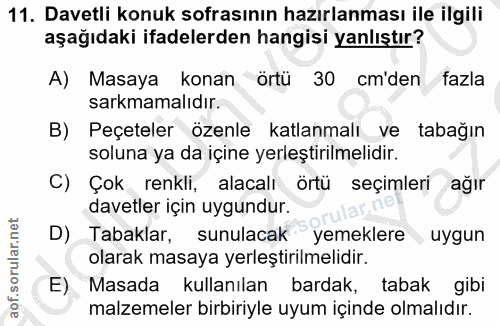 11. soru: Davetli konuk sofrasının hazırlanması ile ilgili aşağıdaki ifadelerden hangisi yanlıştır? A) Masaya konan örtü 30 cm'…