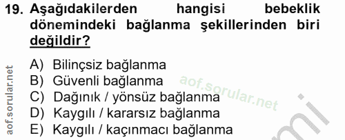 19. soru: Aşağıdakilerden hangisi bebeklik dönemindeki bağlanma şekillerinden biri değildir? A) Bilinçsiz bağlanma B) Güvenli b…