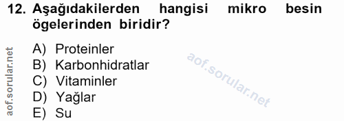 12. soru: Aşağıdakilerden hangisi mikro besin ögelerinden biridir? A) Proteinler B) Karbonhidratlar C) Vitaminler D) Yağlar E Su