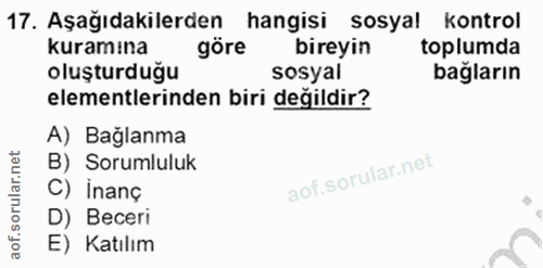 17. soru: Aşağıdakilerden hangisi sosyal kontrol kuramına göre bireyin toplumda oluşturduğu sosyal bağların elementlerinden bir…