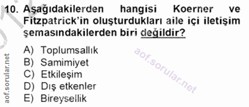 10. soru: Aşağıdakilerden hangisi Korner ve Fitzpatrick'in oluşturdukları aile içi iletişim şemasındakilerden biri değildir? A)…
