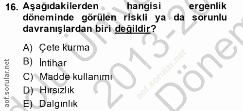 16. soru: Aşağıdakilerden hangisi ergenlik döneminde görülen riskli ya da sorunlu davranışlardan biri değildir? A) Çete kurma B…