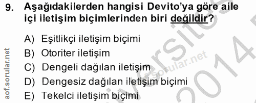 9. soru: Aşağıdakilerden hangisi Devito'ya göre aile içi iletişim biçimlerinden biri değildir? A) Eşitlikçi iletişim biçimi B)…