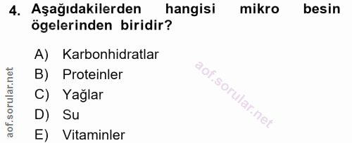 4. soru: Aşağıdakilerden hangisi mikro besin ögelerinden biridir? A) Karbonhidratlar B) Proteinler C) Yağlar D) Su E) Vitaminler