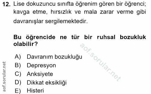 12. soru: Lise dokuzuncu sınıfta öğrenim gören bir öğrenci; kavga etme, hırsızlik ve mala zarar verme gibi davranışlar sergilem…