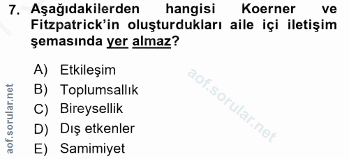 7. soru: Aşağıdakilerden hangisi Korner ve Fitzpatrick'in oluşturdukları aile içi iletişim şemasında yer almaz? A) Etkileşim B…