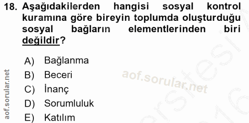 18. soru: Aşağıdakilerden hangisi sosyal kontrol kuramına göre bireyin toplumda oluşturduğu sosyal bağların elementlerinden bir…