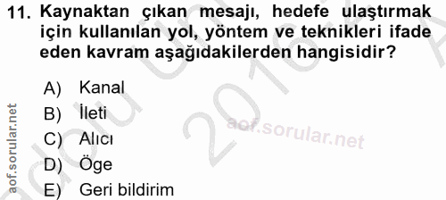 11. soru: Kaynaktan çıkan mesajı, hedefe ulaştırmak için kullanılan yol, yöntem ve teknikleri ifade eden kavram aşağıdakilerden…