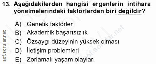 13. soru: Aşağıdakilerden hangisi ergenlerin intihara yönelmelerindeki faktörlerden biri değildir? A) Genetik faktörler B) Akad…