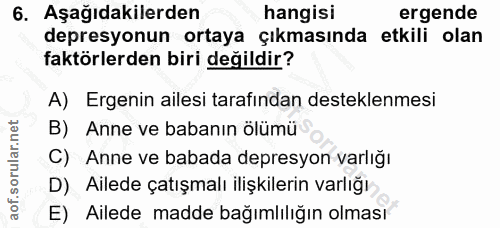 6. soru: Aşağıdakilerden hangisi ergende depresyonun ortaya çıkmasında etkili olan faktörlerden biri değildir? A) Ergenin aile…