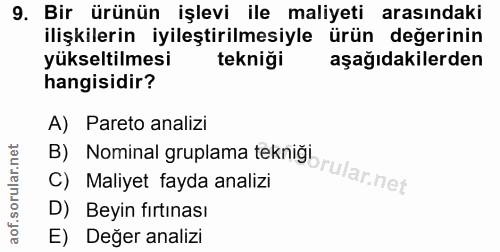 9. soru: Bir ürünün işlevi ile maliyeti arasındaki ilişkilerin iyileştirilmesiyle ürün değerinin yükseltilmesi tekniği aşağıda…