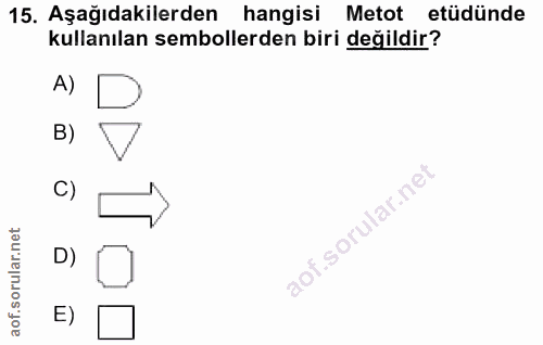 15. soru: Aşağıdakilerden hangisi Metot etüdünde kullanılan sembollerden biri değildir? A) B) V C) .sorular.ne E)