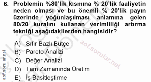 6. soru: Problemin %80'lik kısmına % 20'lik faaliyetin neden olması ve bu önemli % 20'lik payın üzerinde yoğunlaşılması anlami…