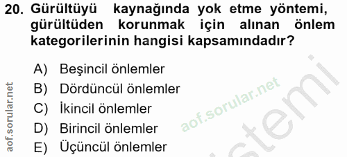 20. soru: Gürültüyü kaynağında yok etme yöntemi, gürültüden korunmak için alınan önlem kategorilerinin hangisi kapsamındadır? A…