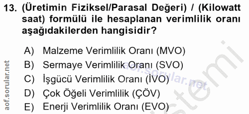 13. soru: (Üretimin Fiziksel/Parasal Değeri) / (Kilowatt saat) formülü ile hesaplanan verimlilik oranı aşağıdakilerden hangisid…