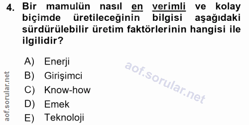 4. soru: Bir mamulün nasıl en verimli ve kolay biçimde üretileceğinin bilgisi aşağıdaki sürdürülebilir üretim faktörlerinin ha…