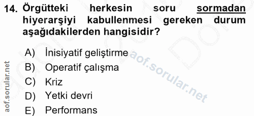 14. soru: Örgütteki herkesin soru sormadan hiyerarşiyi kabullenmesi gereken durum aşağıdakilerden hangisidir? A) Inisiyatif gel…