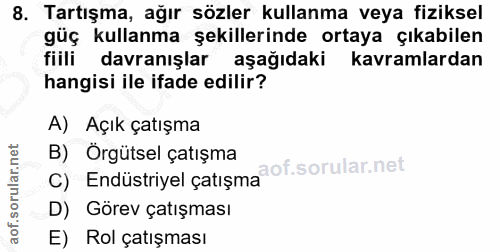 8. soru: Tartışma, ağır sözler kullanma veya fiziksel güç kullanma şekillerinde ortaya çıkabilen fiili davranışlar aşağıdaki k…