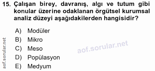 15. soru: Çalışan birey, davranış, algı ve tutum gibi konular üzerine odaklanan örgütsel kurumsal analiz düzeyi aşağıdakilerden…