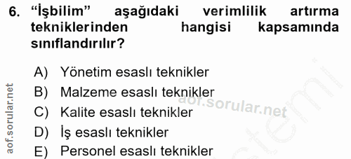 6. soru: "Işbilim" aşağıdaki verimlilik artırma tekniklerinden hangisi kapsamında sınıflandırılır? A) Yönetim esaslı teknikler…