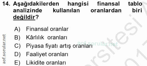 14. soru: Aşağıdakilerden hangisi finansal tablo analizinde kullanılan oranlardan biri değildir? A) Finansal oranlar B) Kârlılı…