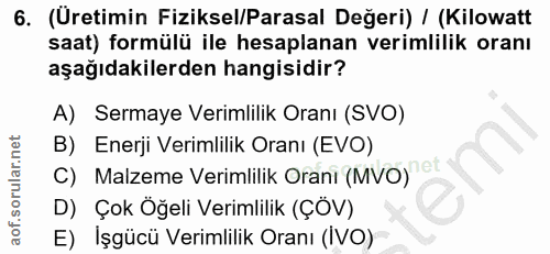 6. soru: (Üretimin Fiziksel/Parasal Değeri) / (Kilowatt saat) formülü ile hesaplanan verimlilik oranı aşağıdakilerden hangisid…