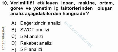10. soru: Verimliliği etkileyen insan, makine, ortam, görev ve yönetim iç faktörlerinden oluşan analiz aşağıdakilerden hangisid…