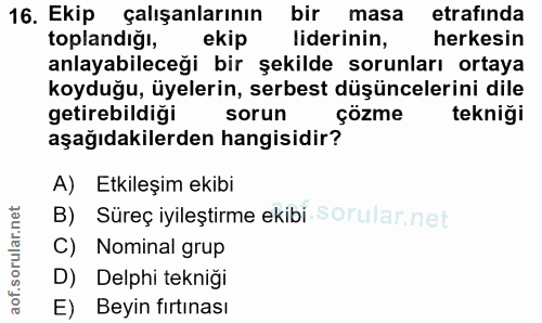 16. soru: Ekip çalışanlarının bir masa etrafinda toplandiğı, ekip liderinin, herkesin anlayabileceği bir şekilde sorunları orta…