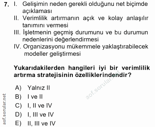 7. soru: I. Gelişimin neden gerekli olduğunu net biçimde açıklaması II. Verimlilik artırmanın açık ve kolay anlaşılır tanımını…