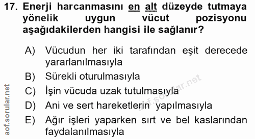 17. soru: Enerji harcanmasını en alt düzeyde tutmaya yönelik uygun vücut pozisyonu aşağıdakilerden hangisi ile sağlanır? A) Vüc…