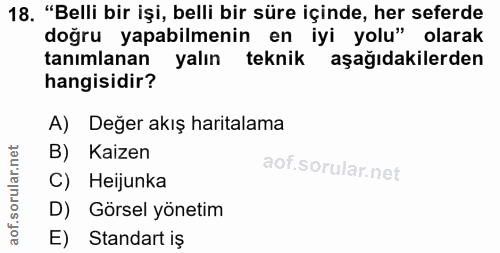 18. soru: "Belli bir işi, belli bir süre içinde, her seferde doğru yapabilmenin en iyi yolu" olarak tanımlanan yalın teknik aşa…